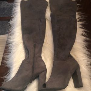 Grey Open Toe Knee High Faux Suede Boots